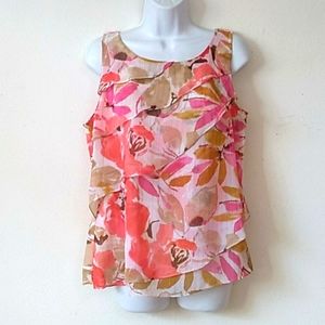 Chaus sheer ruffle floral with gold thread stripes on white sleeveless top 10